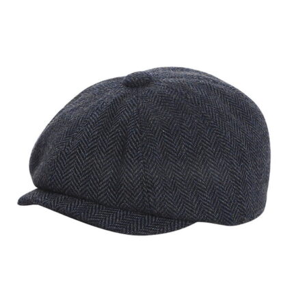 Mens Winter Navy Blue Herringbone Newsboy Cap